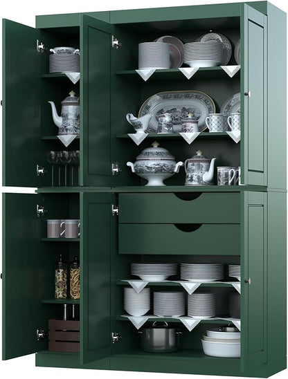 Palace Imports Solid Wood Kitchen Pantry Cabinet - 71.5" Tall x 48.5" Wide - Freestanding Storage Pantry w/ 2-Drawer Kit & Adjustable Shelves - Green, Renewable Eco-Friendly 100% Wood, Made in Brazil