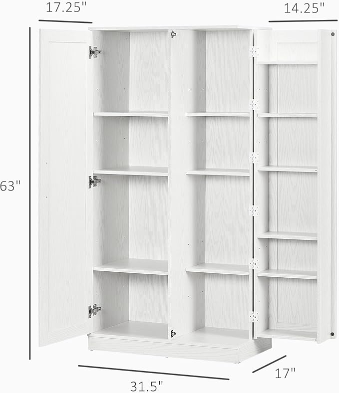 HOMCOM 63" Kitchen Pantry, Freestanding Food Cabinet with 2 Doors and Adjustable Shelves, Storage Cabinet - White