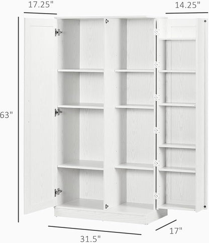 HOMCOM 63" Kitchen Pantry, Freestanding Food Cabinet with 2 Doors and Adjustable Shelves, Storage Cabinet - White