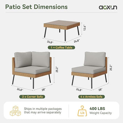 Aoxun Patio Furniture Set, 5 Piece Outdoor Sectional Sofas with Thick Cushion, Wicker Outdoor Patio Furniture Set with Coffee Table for Party, Garden, Backyard, Grey