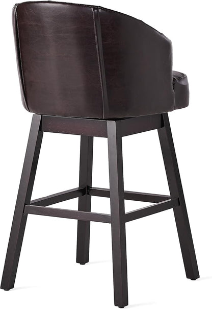 Set of 2 Brown Bar Stools with 360-Degree Swivel, Nailhead Trim & Button-Tufted PU Fabric, Rubberwood Frame for Kitchen Island, Home Bar, and Living Area