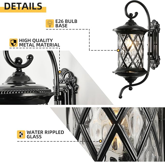 NLIEOPDA Retro Large Outdoor Wall Lanterns 24" Exterior Light Fixtures Coach Light Waterproof Aluminium with Water Glass Outside Wall Lamps for House Front Door Garage Porch Lighting, Black