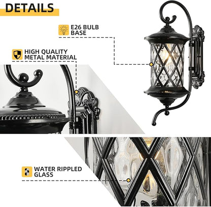 NLIEOPDA Retro Large Outdoor Wall Lanterns 24" Exterior Light Fixtures Coach Light Waterproof Aluminium with Water Glass Outside Wall Lamps for House Front Door Garage Porch Lighting, Black