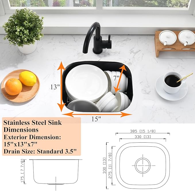 15 Inch Undermount Black Bar Sink-Bokaiya 15x12 Small Wet Bar Prep Sink Black Stainless Steel Undermount Sink 16 Gauge Single Bowl Small Corner Sink with Dish Grid