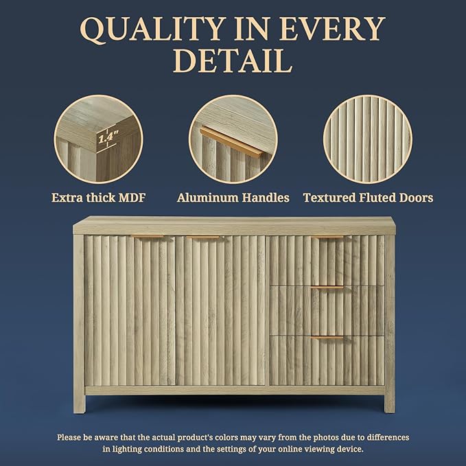 Oakham Home Buffet Cabinet with Storage Fluted Sideboard with 2 Doors 3 Drawers Modern Credenza Accent Cabinets for Living Room Kitchen Hallway,Adjustable Shelves (Natural)