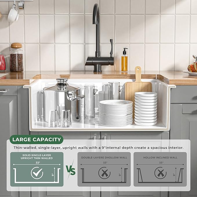 Offset Drain Fireclay Undermount Workstation Kitchen Sink 33 Inch, Large Topmount White Undermount Sink 33''x19''x10'' Drop In, Deep Single Bowl Heavy Duty, Dual Mount, for Kitchen, Island