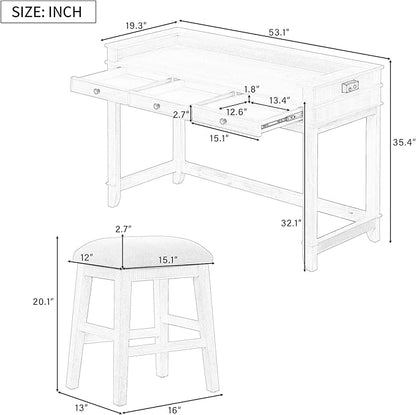4-Piece Counter High Bar Table Set with Drawers & Charging Station,Counter Height Dining Table Set with Rectangle Table & 3 Upholstered Chairs,Retro Dinette sets for Breakfast Nook,Small Place,Natural