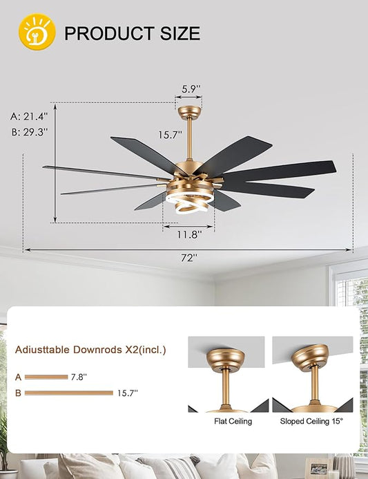 72 Inch Gold Ceiling Fans with Lights Reversible Quiet DC Motor 6 Speeds Large Modern Ceiling Fans with Remote Chandelier Fans for Bedroom Living Room