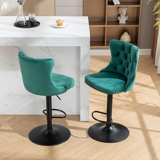 KEIKI Swivel Velvet Barstools，Upholstered Chairs Set of 2, Adjusatble Seat Height from 25-33 Inch for Home Pub, Kitchen Island, Green