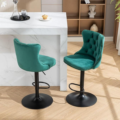 KEIKI Swivel Velvet Barstools，Upholstered Chairs Set of 2, Adjusatble Seat Height from 25-33 Inch for Home Pub, Kitchen Island, Green