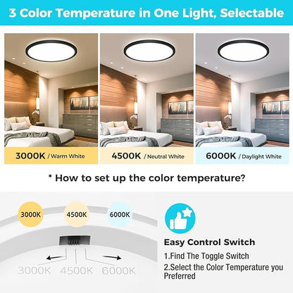 libtit 13 Inch Black Flush Mount Ceiling Light,6 Pack 3200LM 28W Ultra-Slim LED Ceiling Light,3000K/4500K/6000K Selectable Low-Profile Ceiling Light Fixture for Bedroom, Kitchen, Hallway, Workshop