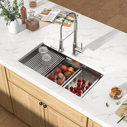 32 Undermount Kitchen Sink - 32"x17" Two-Tiered Ledge Workstation 16 Gauge Single Bowl Undermount Sink Stainless Steel All-In One Under Counter Sinks Upgraded Fast Drain & Anti-Clog #TLU-0031