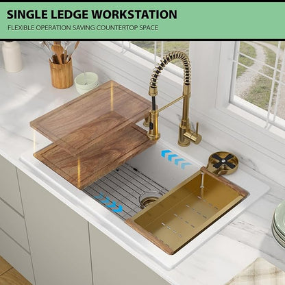 33 Granite Composite Kitchen Sink - Beslend 33x22 Drop In White Kitchen Sink with High Pressure Glass Rinser, Granite Composite Worksation White Sinks Easy Clean Quartz Basin for Kitchen Remodel