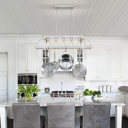 WUZUPS 5-Light Metal Pot Hanging Rack Chandelier Linear Pendant Ceiling Lighting Rustic Farmhouse Fixture Kitchen Island Dining Room, H 9.8" L 34.6" W11.8, E26 Base, Brushed Nickel