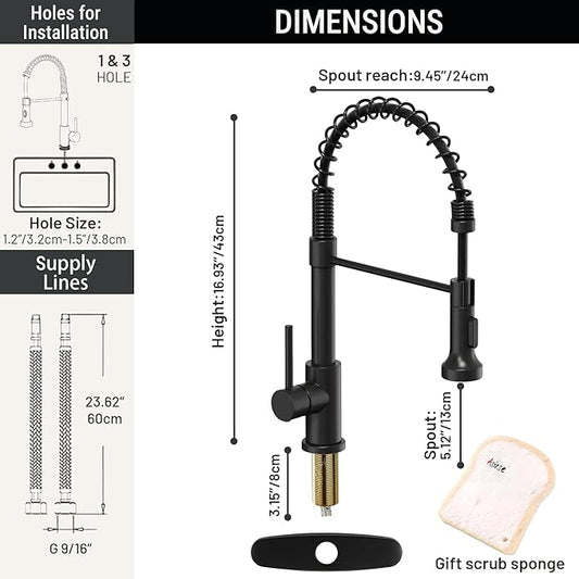 Asinse Kitchen Faucet with Sink Mat, Pull Down Kitchen Faucet with Sprayer, 2 Modes High Arc Stainless Steel Kitchen Sink Faucet, 360° Swivel Modern Tap for RV, Bar, Laundry, Garden, Black