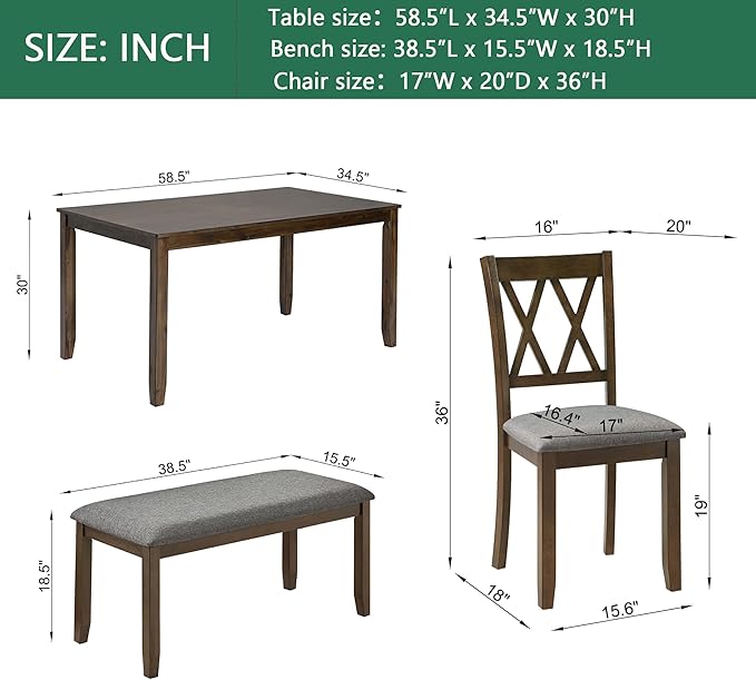 6-Piece Dining Table Set for 6 People, Wooden Rectangular Kitchen Table with 4 Upholstered Chairs and a Bench, Modern Dining Room Table Set for Kitchen and Dining, Walnut