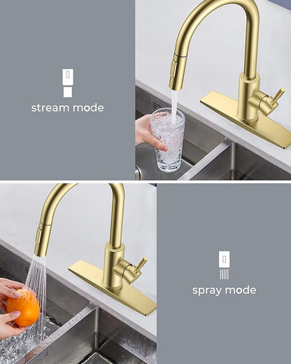 FORIOUS Gold Kitchen Faucet with Soap Dispenser, High Arc Modern Sink Faucet with Pull Down Sprayer and Deck Plate Fit for 1 or 3 Hole for Pot Filler Bar Farmhouse Laundry Rv, Brushed Gold