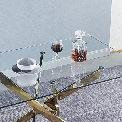 Luxury Gold Glass Dining Table for 4 Modern 51" Rectangular Kitchen & Dining Room Table with X-Shape Stainless Steel Base Large Clear Glass Top Dining Table for Home Office