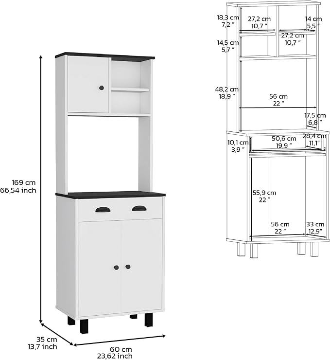 67" H Kitchen Pantry, Storage Cabinet with 2 Cabinets, 2 Open Shelves and 1 Drawer, White+Black, Easy to Maintain, for Dining Room