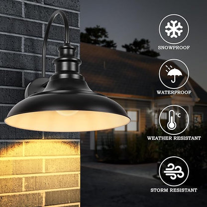 Dusk to Dawn Sensor Outdoor Barn Light Fixtures, 12.3 Inch Dome Farmhouse Outdoor Wall Sconces, Exterior Wall Mount Lights, Industrial Black White Wall Lanterns for Porch, DDRZ004-4 BK+WH