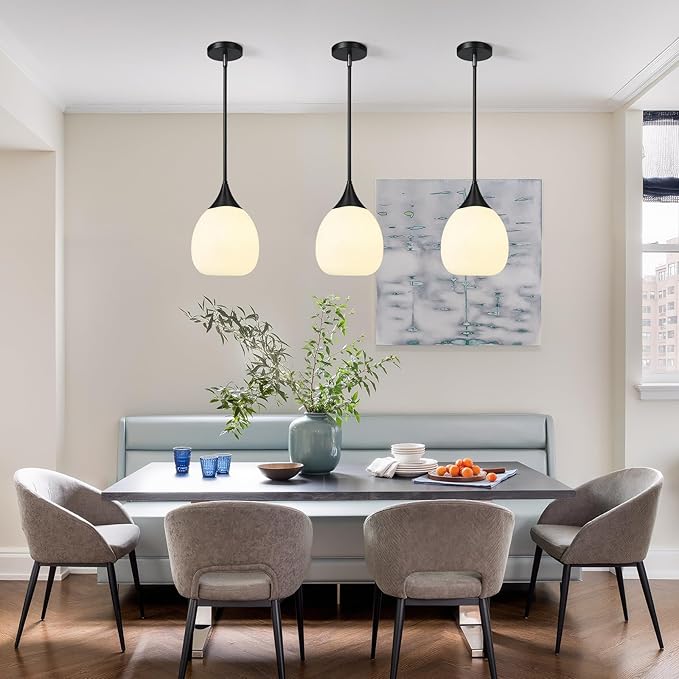 Kitchen Island Pendant Light: Mid Century Matte Black Hanging Light Fixtures with Frosted Glass Globe - 10 Inch Farmhouse Chandeliers Ceiling Lighting for Dining Room