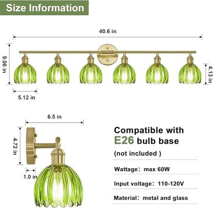 Vintage Bathroom Light Fixtures,6-Light Hardwired Vanity Lights with Green Tulip Glass Shade,Gold Bathroom Vanity Light for Mirror Restroom,E26 Socket,40.55 in(Bulbs Not Included)