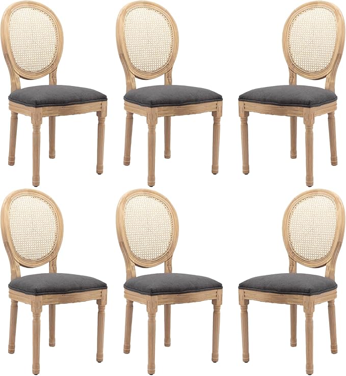 Linen Wooden Dining Chair Set of 6, Upholstered Farmhouse Dining Chair with Solid Wood Frame, Kitchen & Dining Room Chairs for Living Room, Restaurant, Bedroom (Gray-Rattan, Set of 6)