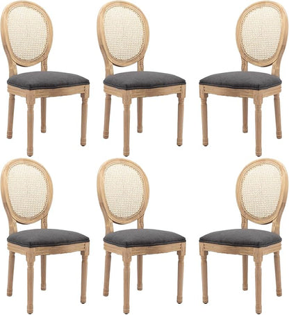 Linen Wooden Dining Chair Set of 6, Upholstered Farmhouse Dining Chair with Solid Wood Frame, Kitchen & Dining Room Chairs for Living Room, Restaurant, Bedroom (Gray-Rattan, Set of 6)