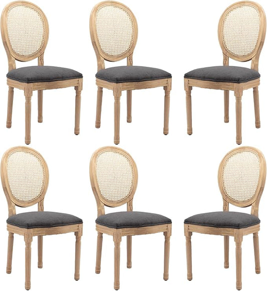 Linen Wooden Dining Chair Set of 6, Upholstered Farmhouse Dining Chair with Solid Wood Frame, Kitchen & Dining Room Chairs for Living Room, Restaurant, Bedroom (Gray-Rattan, Set of 6)