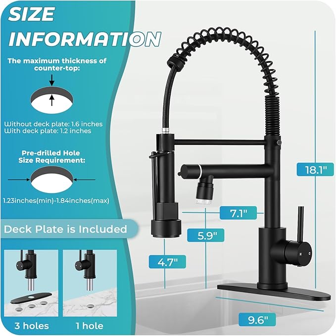 LED Kitchen Faucet with Pull Down Sprayer - Matte Black Single Handle Commercial Kitchen Faucets, 2-Spout Kitchen Sink Faucet, Stainless Steel Spring Pull Out Sink Faucet 1/3 Hole