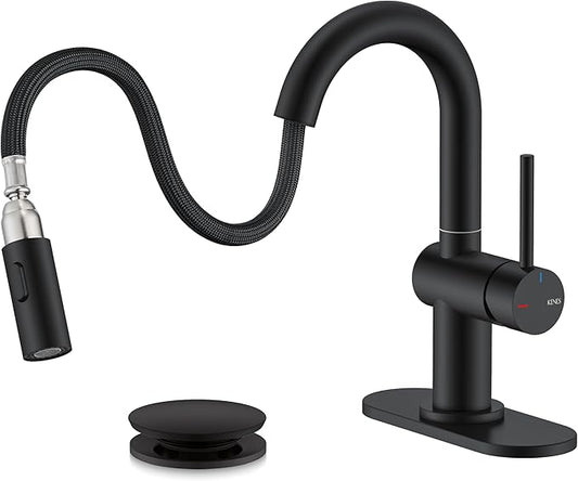 KENES Pull Down Bathroom Faucet with Sprayer, Matte Black Single Handle Bathroom Sink Faucet with Pull Out Sprayer, Vanity Bar Faucet with Pop Up Drain & Deck Plate, KE-9065B-2