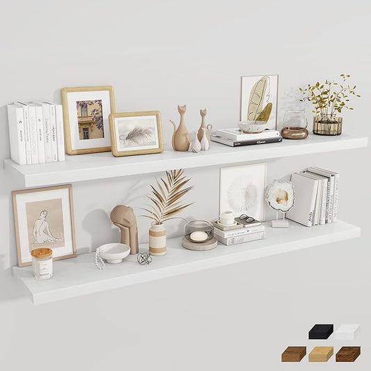 Fun Memories 12 Inch Deep Floating Shelves, 67 Inch Long Extra Large Floating Shelves Set of 2, Rustic Wood Wall Shelves for Living Room, Kitchen, Bedroom, Farmhouse, Laundry Room, Home Office - White