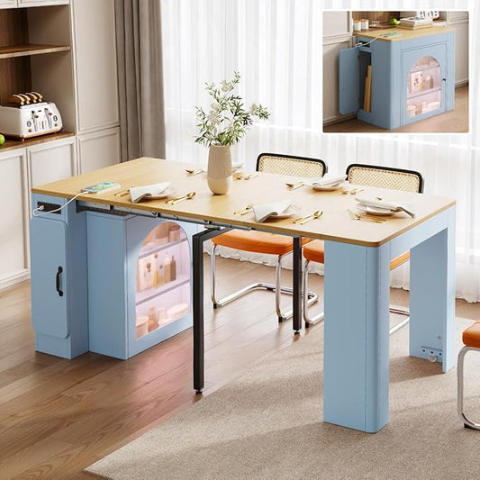 Mobile Extendable Dining Table with 3 Removable Middle Leaves and Power Outlets for 2-5 People, Kitchen Island with Storage Cabinet and Drawers, Kitchen Island Cart for Dining Room (Grey Blue)