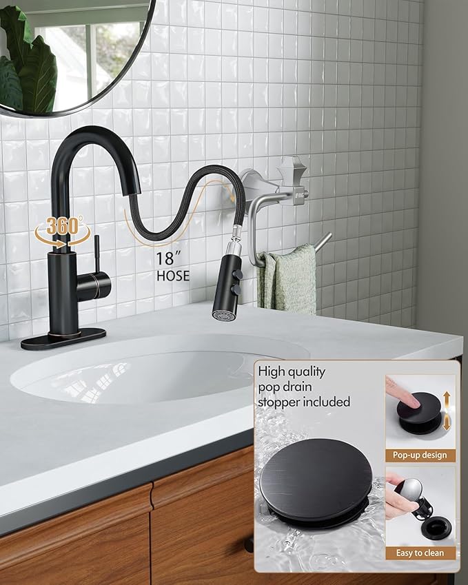 Fransiton Bathroom Faucets with Pull Down Sprayer, Bar Sink Faucet Single Hole for Kitchen Campers with Pop-Up Drain Hose, Suitable for Farmhouse Vanity Lavatory
