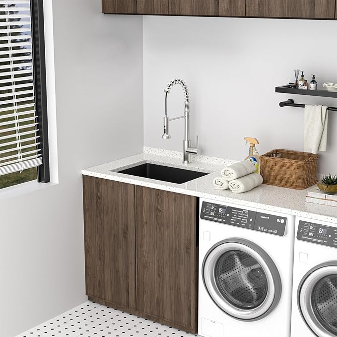 Lordear Granite Composite Laundry Sink 24×18 Inch Undermount Laundry Room Utility Black 12 Inch Deep Under Counter 24x18x12 Inch