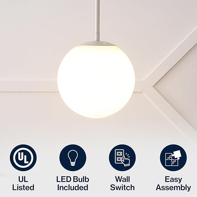 JONATHAN Y 7.75" Almond Modern Globe LED Pendant Light, Industrial Hanging Ceiling Lamp for Kitchen Island, White Glass Globe Shade, LED Bulb Included (JYL9528F)