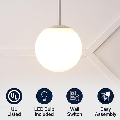 JONATHAN Y 7.75" Almond Modern Globe LED Pendant Light, Industrial Hanging Ceiling Lamp for Kitchen Island, White Glass Globe Shade, LED Bulb Included (JYL9528F)