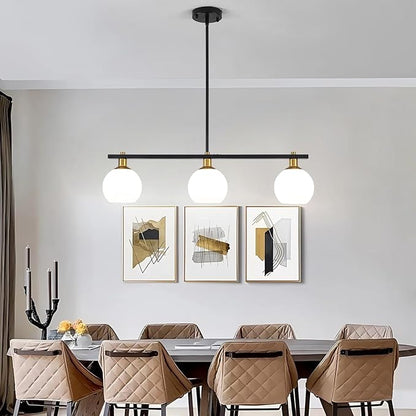 Island Lights for Kitchen Black and Gold Chandelier 3-Light Mid Century Modern Dining Room Light Fixtures Over Table with Opal Glass Shades Hanging Linear Pendant Lighting for Kitchen Island Foyer Bar