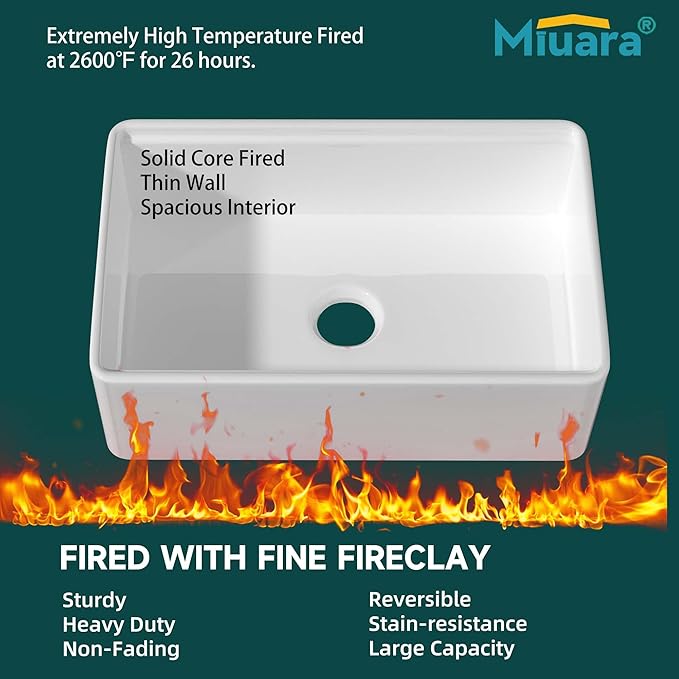 Miuara Farmhouse Workstation Sink 30 Inch for Kitchen - White Apron Front Fireclay Kitchen Sink Reversible 30"x20"x10", Farm House Style Heavy Duty Deep Single Bowl