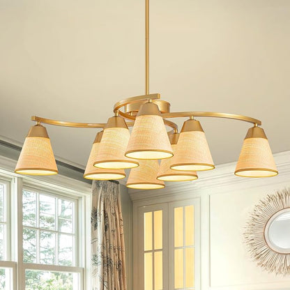 Boho Rattan Chandelier Light Fixture, Rustic Farmhouse Pendant Light with Handwoven Shade, 8-Light Adjustable Large Chandeliers for Dining Room,Kitchen Island, Bedroom, Living Room
