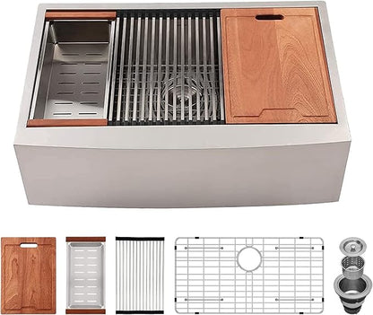 Lordear 30 Kitchen Sink Apron Front 30X22 Inch Farmhouse Sink Workstation 16 Gauge Stainless Steel Single Bowl Handmade Kitchen Farm Sinks Basin, 9" Apron Height