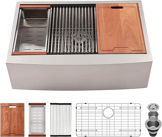 Lordear 30 Kitchen Sink Apron Front 30X22 Inch Farmhouse Sink Workstation 16 Gauge Stainless Steel Single Bowl Handmade Kitchen Farm Sinks Basin, 9" Apron Height