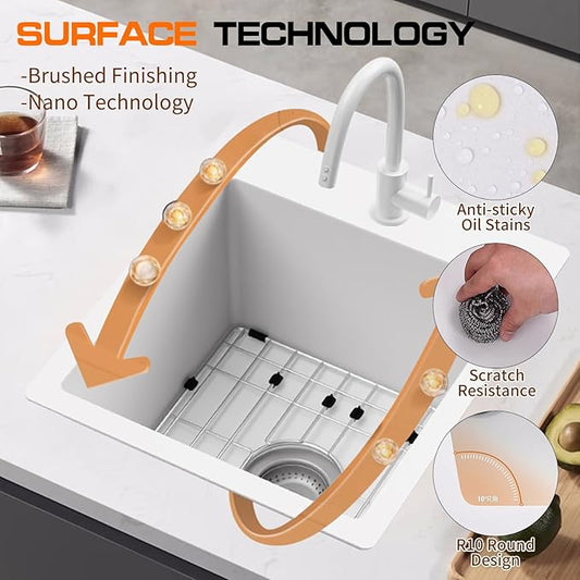 White Kitchen & Bar Sink, 15x17 Inch Stainless Steel Kitchen Sink Single Bowl Topmount Kitchen Sink With Sink Grid And Drain Assembly Bright White Bar Sink Enhance Aesthetic Appeal Of Modern Kitchen