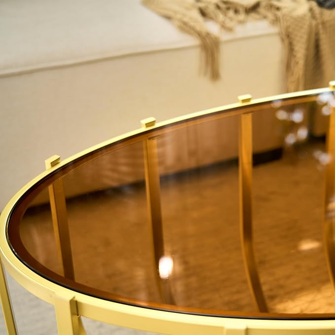 Saint Mossi Glass Oavl Coffee Table for Living Room, Mid Century Modern 2-Tier Gold Center Table, Brown Glass Top and Brown Mirror Shelf with Gold Finish Legs & Frame, D42xW23xH16