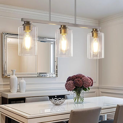 Mecgirn Island Light for Kitchen, Brushed Nickel Dining Room Light Fixture Over Table, 3-Light Linear Chandelier Pendant Lighting for Dining Table Kitchen Island Living Room