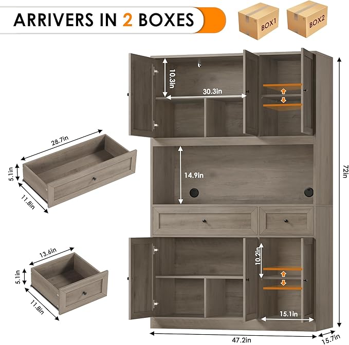 BOTLOG 72" Kitchen Pantry Cabinet, Kitchen Hutch with Microwave Stand, Buffet Cabinet with Hutch for Dining Room, Ash Gray