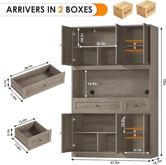 BOTLOG 72" Kitchen Pantry Cabinet, Kitchen Hutch with Microwave Stand, Buffet Cabinet with Hutch for Dining Room, Ash Gray