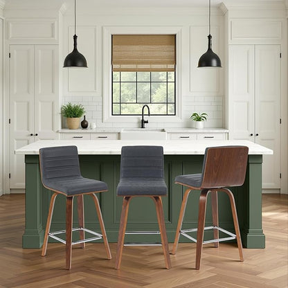 Armen Living Vienna Modern Swivel 26" Counter Height Barstool with Vintage Black Faux Leather and Walnut Wood Finish