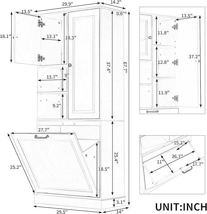68" Tall Bathroom Storage Cabinet with Two Doors and Laundry Hamper for Home Display Organizer, Adjustable Shelf, Gray