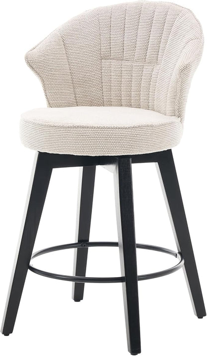 Set of 2 White Wing Back Swivel Bar Stools - 25" Counter Height, Solid Wood Legs, Stain-Resistant Chenille Upholstery, Adjustable Leveling Feet for Kitchen Island & Home Pub